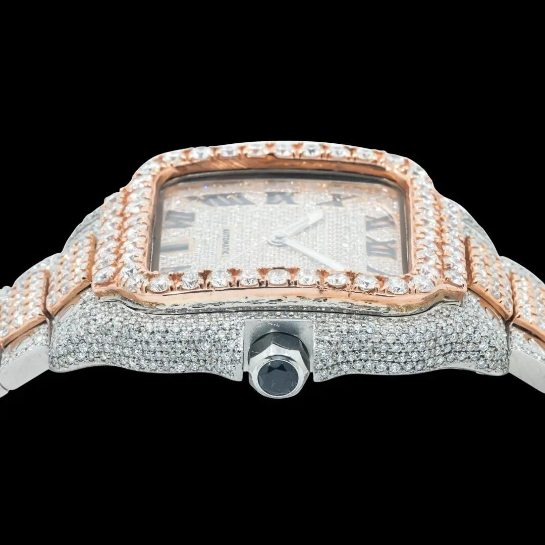 Cartier Santos Black Roman Numerals Dial Two Tone Rose Gold Diamond Block Bracelet Watch Crown View