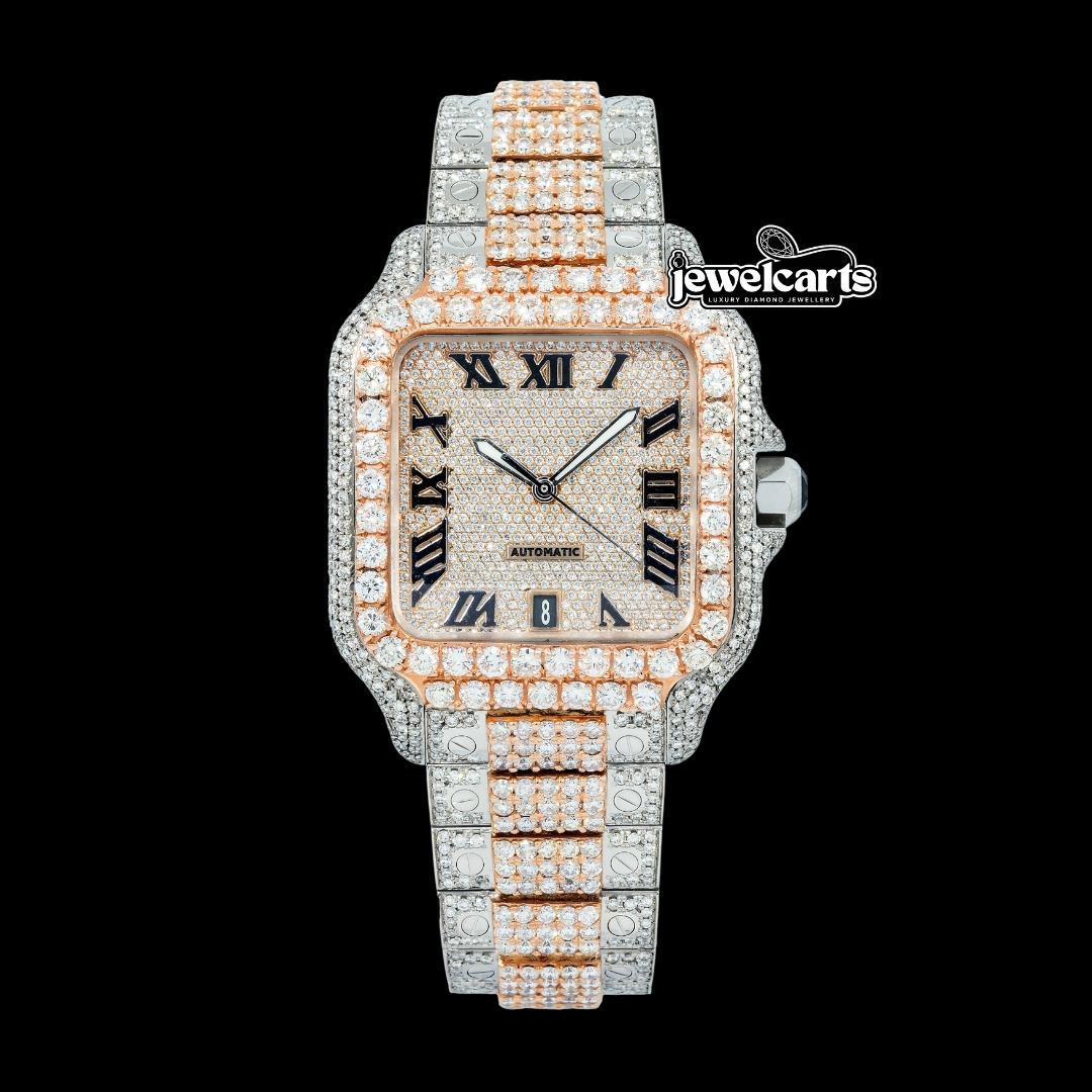 Cartier Santos Black Roman Numerals Dial Two Tone Rose Gold Diamond Block Bracelet Watch Front View