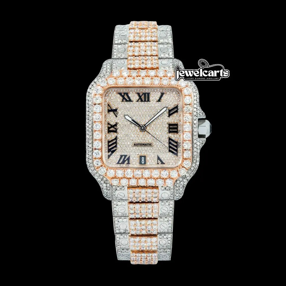 Cartier Santos Black Roman Numerals Dial Two Tone Rose Gold Diamond Block Bracelet Watch Front View