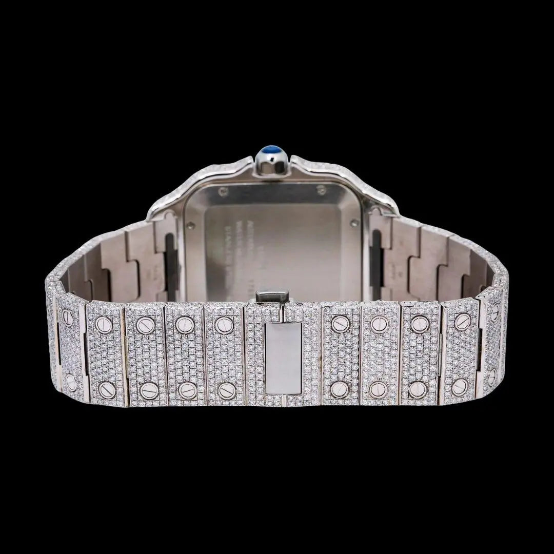 Cartier Santos Blue Dial White Roman Numerals Two Tone Rose Gold Moissanite Watch Caseback View