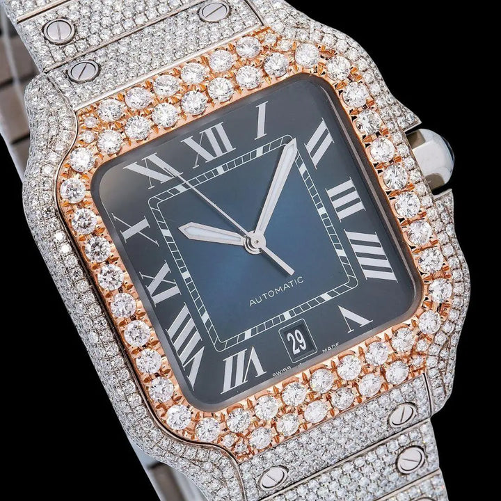 Cartier Santos Blue Dial White Roman Numerals Two Tone Rose Gold Moissanite Watch Close Up Dial View