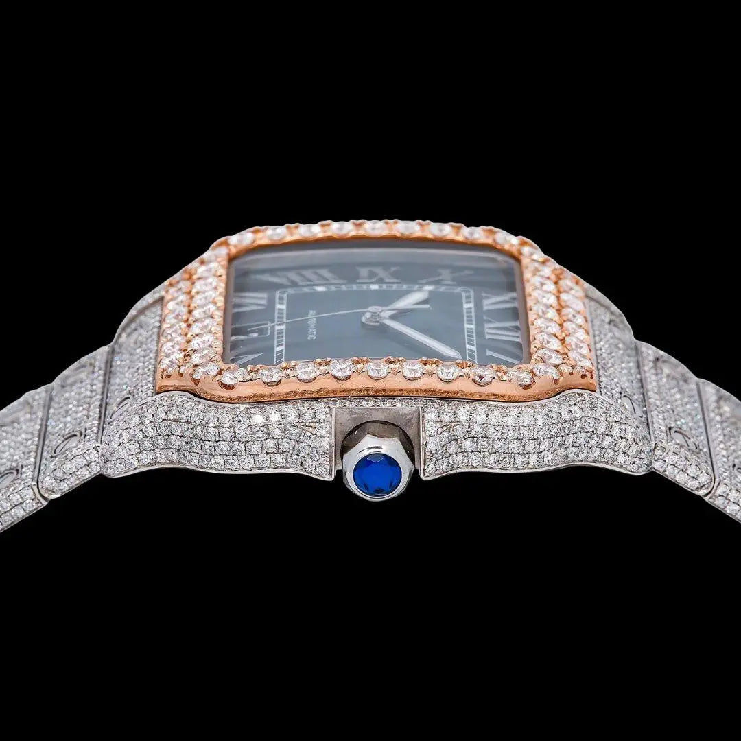 Cartier Santos Blue Dial White Roman Numerals Two Tone Rose Gold Moissanite Watch Crown View