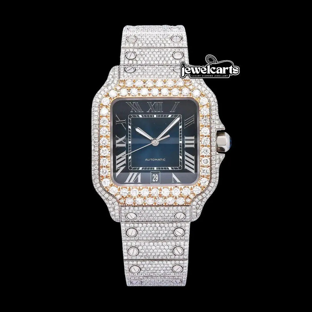 Cartier Santos Blue Dial White Roman Numerals Two Tone Rose Gold Moissanite Watch Front View