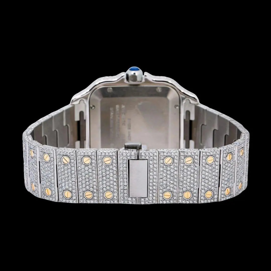 Cartier Santos Blue Dial White Roman Numerals Two Tone Yellow Gold Moissanite Watch Caseback View