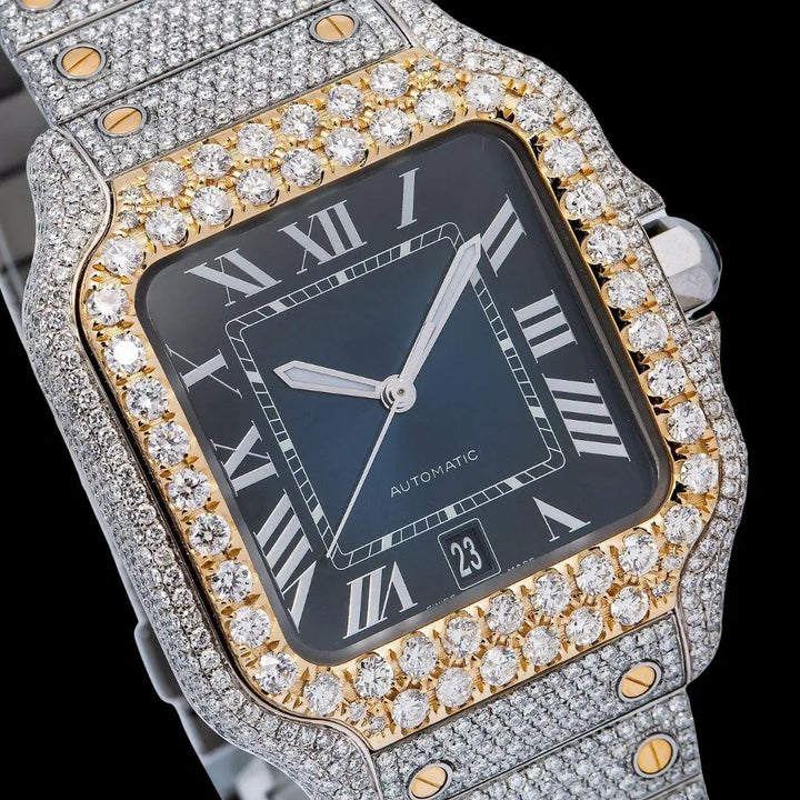 Cartier Santos Blue Dial White Roman Numerals Two Tone Yellow Gold Moissanite Watch Close Up Dial View