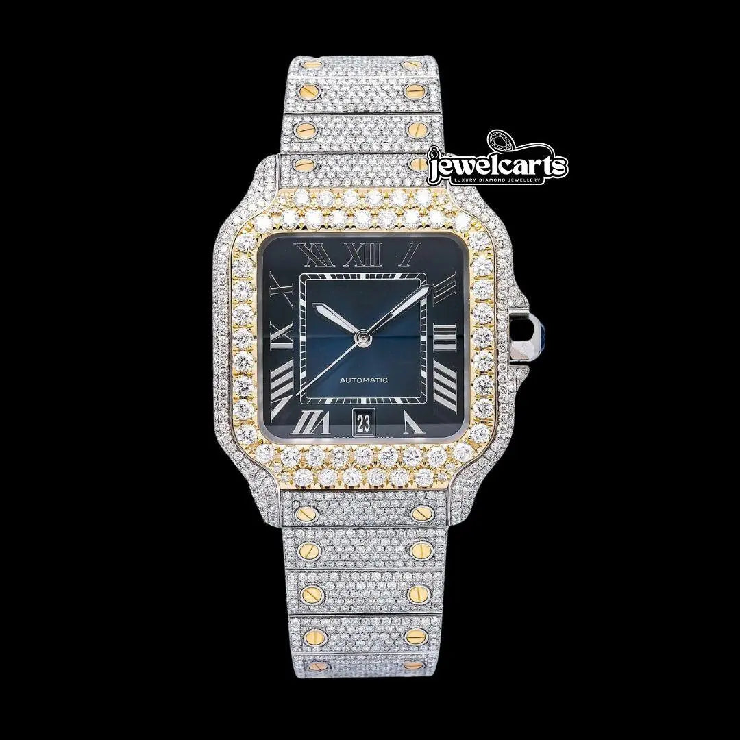 Cartier Santos Blue Dial White Roman Numerals Two Tone Yellow Gold Moissanite Watch Front View