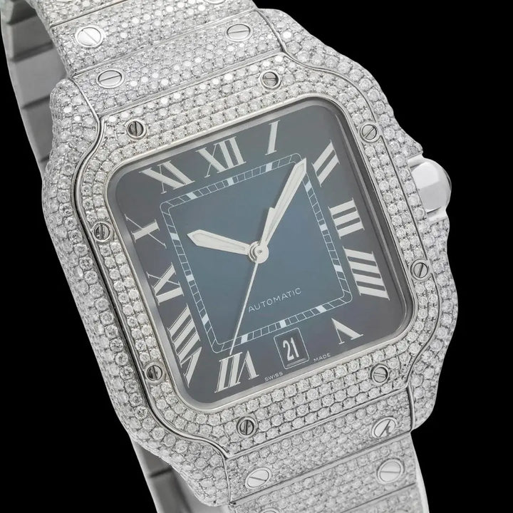 Cartier Santos Blue Roman Dial Diamond Fully Iced Out Moissanite Watch Close Up Dial View