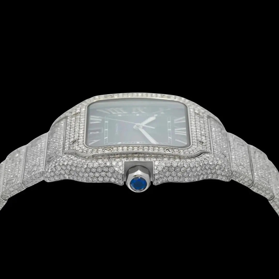 Cartier Santos Blue Roman Dial Diamond Fully Iced Out Moissanite Watch Crown View