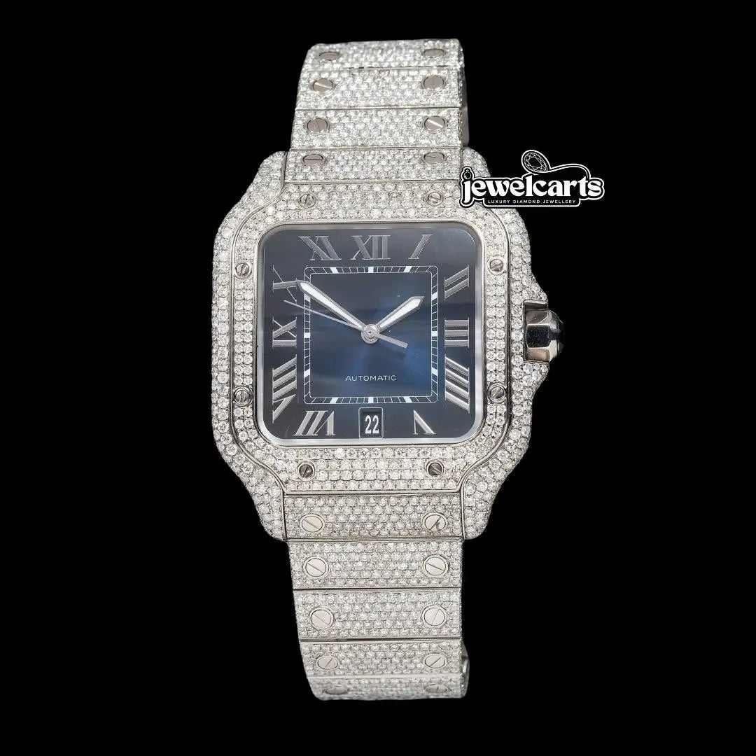 Cartier Santos Blue Roman Dial Diamond Fully Iced Out Moissanite Watch Front View