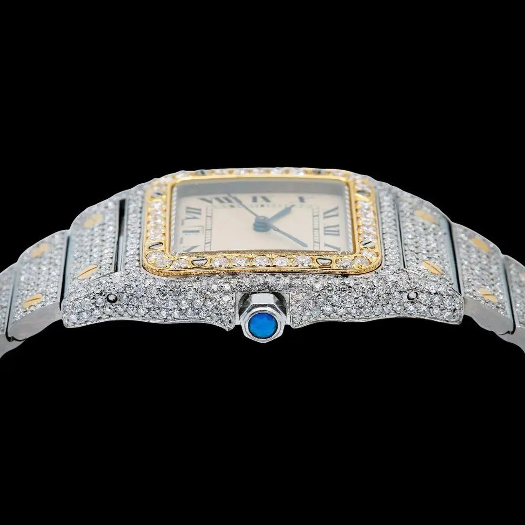 Cartier Santos Champagne Roman Dial Two Tone Yellow Gold Iced Out Moissanite Watch Crown View