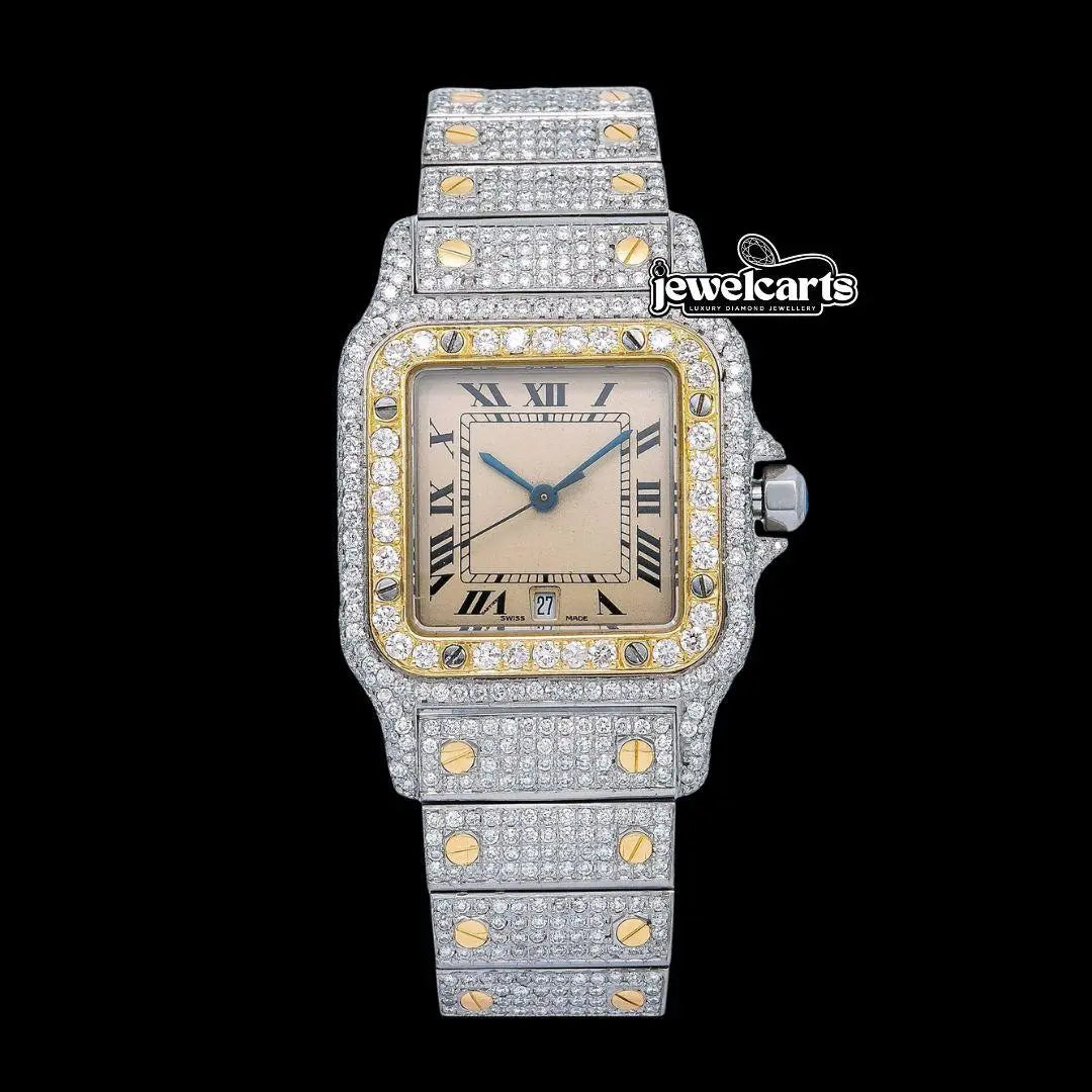 Cartier Santos Champagne Roman Dial Two Tone Yellow Gold Iced Out Moissanite Watch Front View