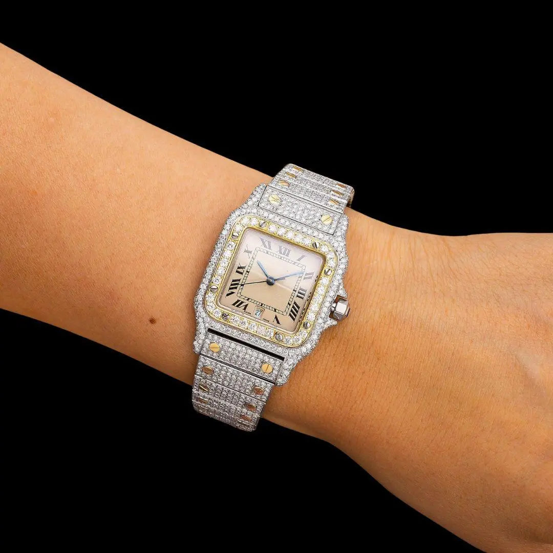 Cartier Santos Champagne Roman Dial Two Tone Yellow Gold Iced Out Moissanite Watch On Wrist View