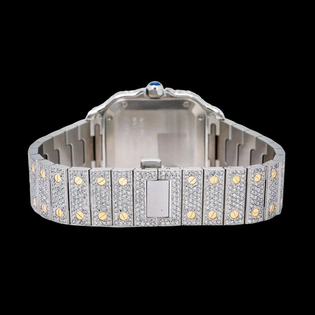 Cartier Santos Champagne Roman Numerals Dial Two Tone Yellow Gold Moissanite Watch Caseback View