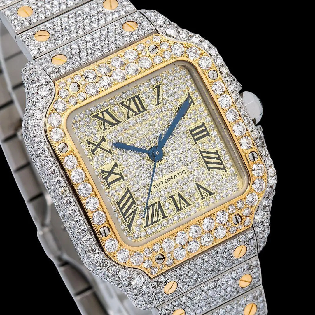 Cartier Santos Champagne Roman Numerals Dial Two Tone Yellow Gold Moissanite Watch Close Up Dial View