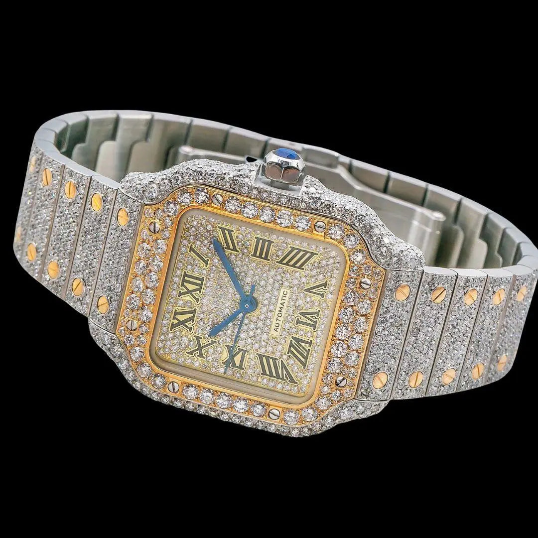 Cartier Santos Champagne Roman Numerals Dial Two Tone Yellow Gold Moissanite Watch Close Up Front View