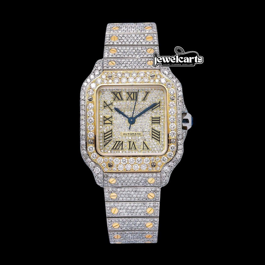 Cartier Santos Champagne Roman Numerals Dial Two Tone Yellow Gold Moissanite Watch Front View