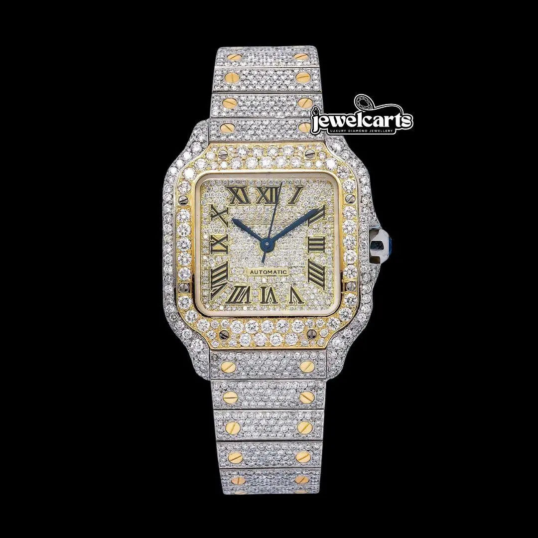 Cartier Santos Champagne Roman Numerals Dial Two Tone Yellow Gold Moissanite Watch Front View