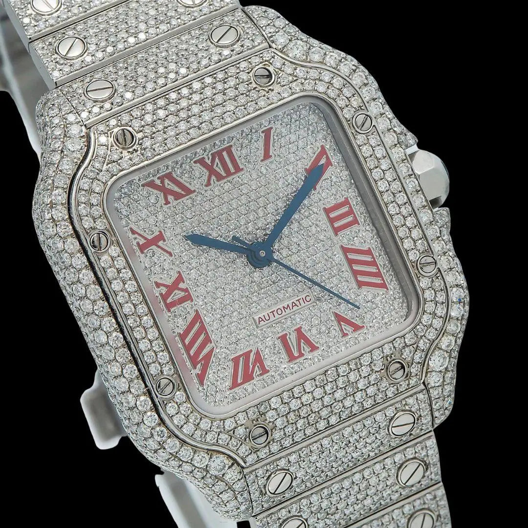 Cartier Santos Diamond Paved Dial Red Roman Numerals Fully Iced Out Moissanite Watch Close Up Dial View