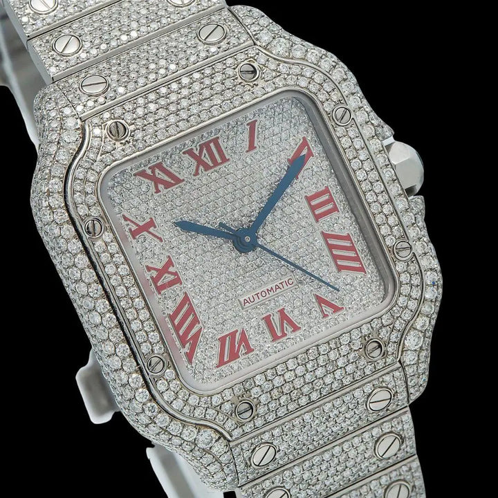 Cartier Santos Diamond Paved Dial Red Roman Numerals Fully Iced Out Moissanite Watch Close Up Dial View