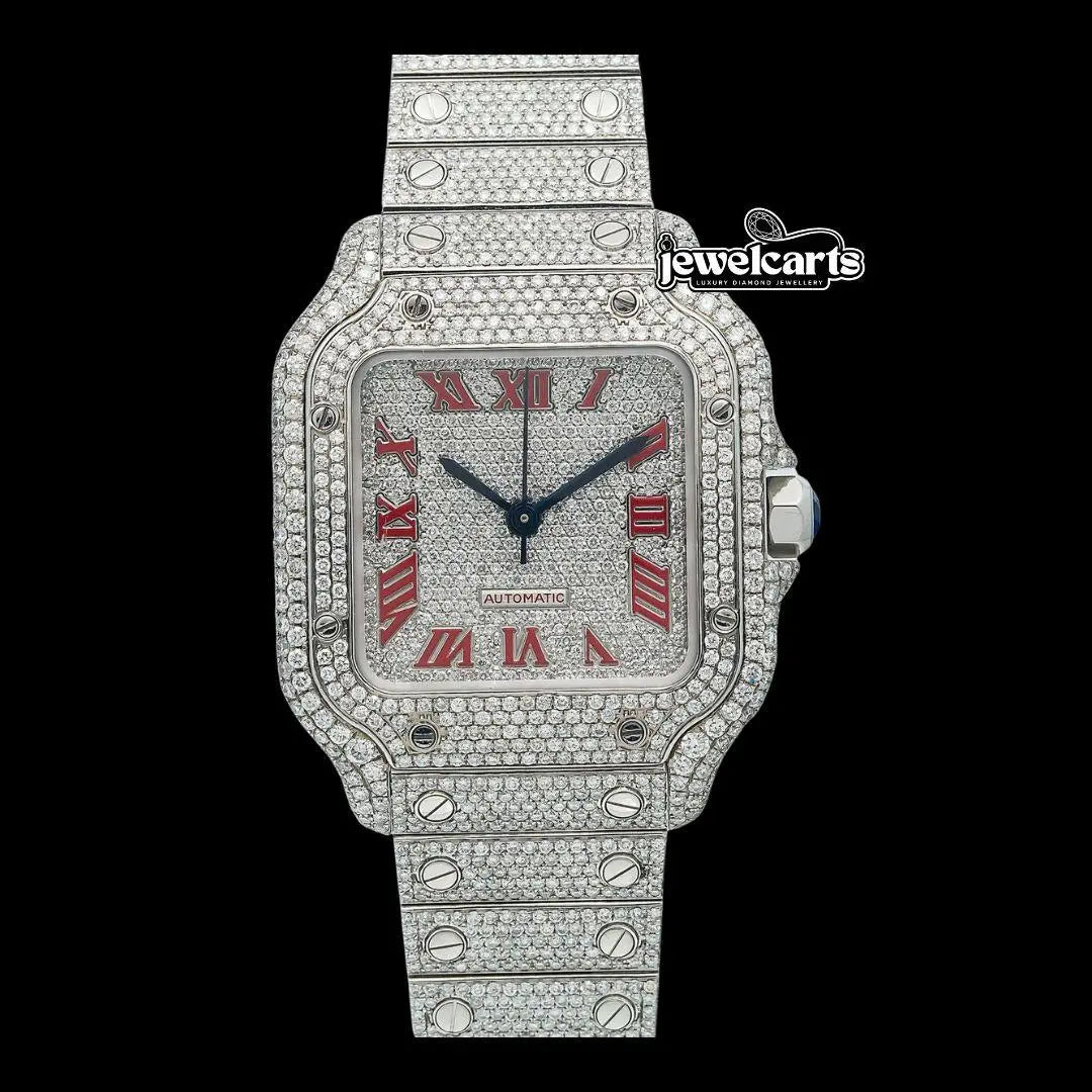 Cartier Santos Diamond Paved Dial Red Roman Numerals Fully Iced Out Moissanite Watch Front View