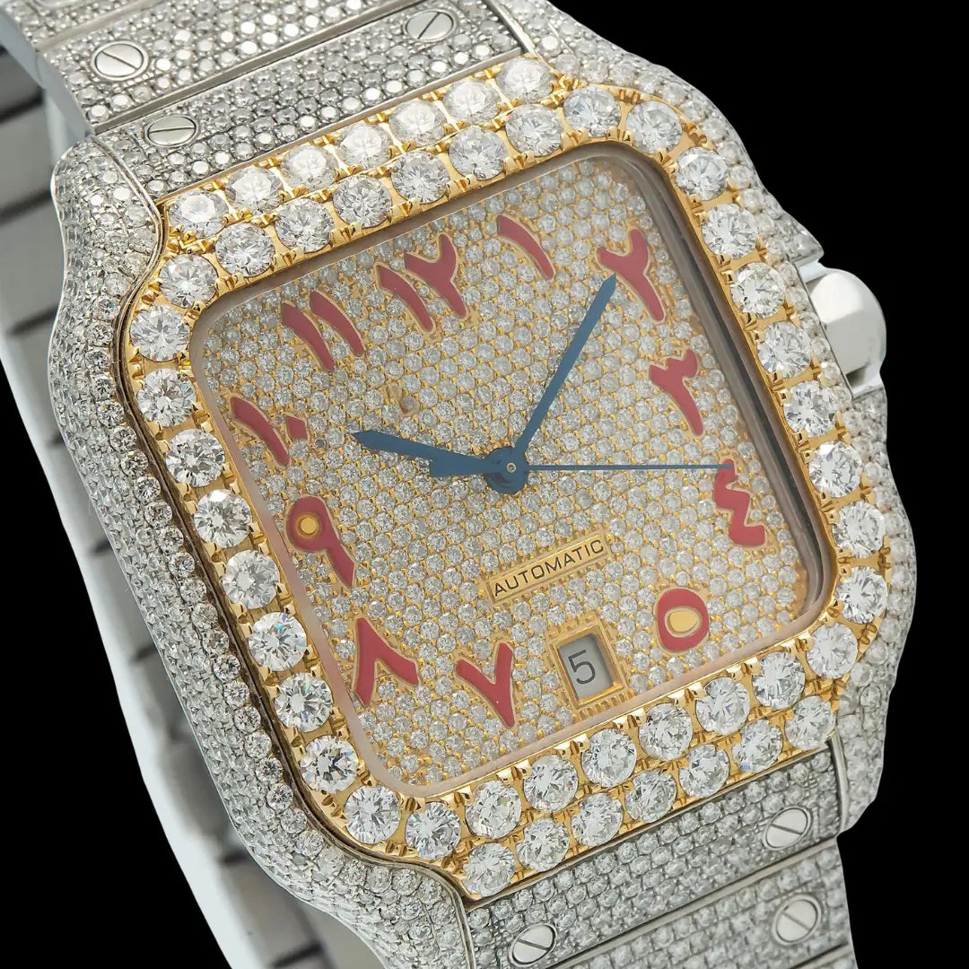 Cartier Santos Red Arabic Numerals Dial Two Tone Yellow Gold Moissanite Diamond Watch Close Up Dial View