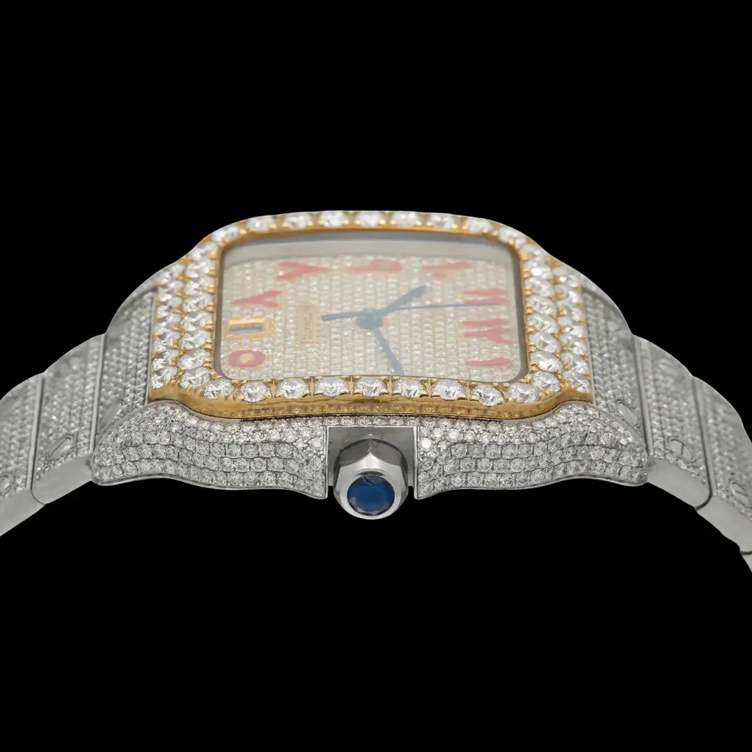 Cartier Santos Red Arabic Numerals Dial Two Tone Yellow Gold Moissanite Diamond Watch Crown View