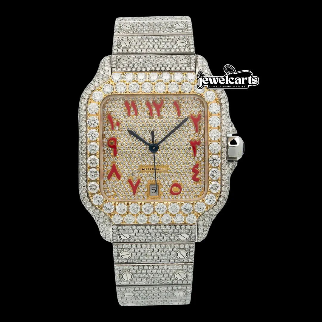 Cartier Santos Red Arabic Numerals Dial Two Tone Yellow Gold Moissanite Diamond Watch Front View