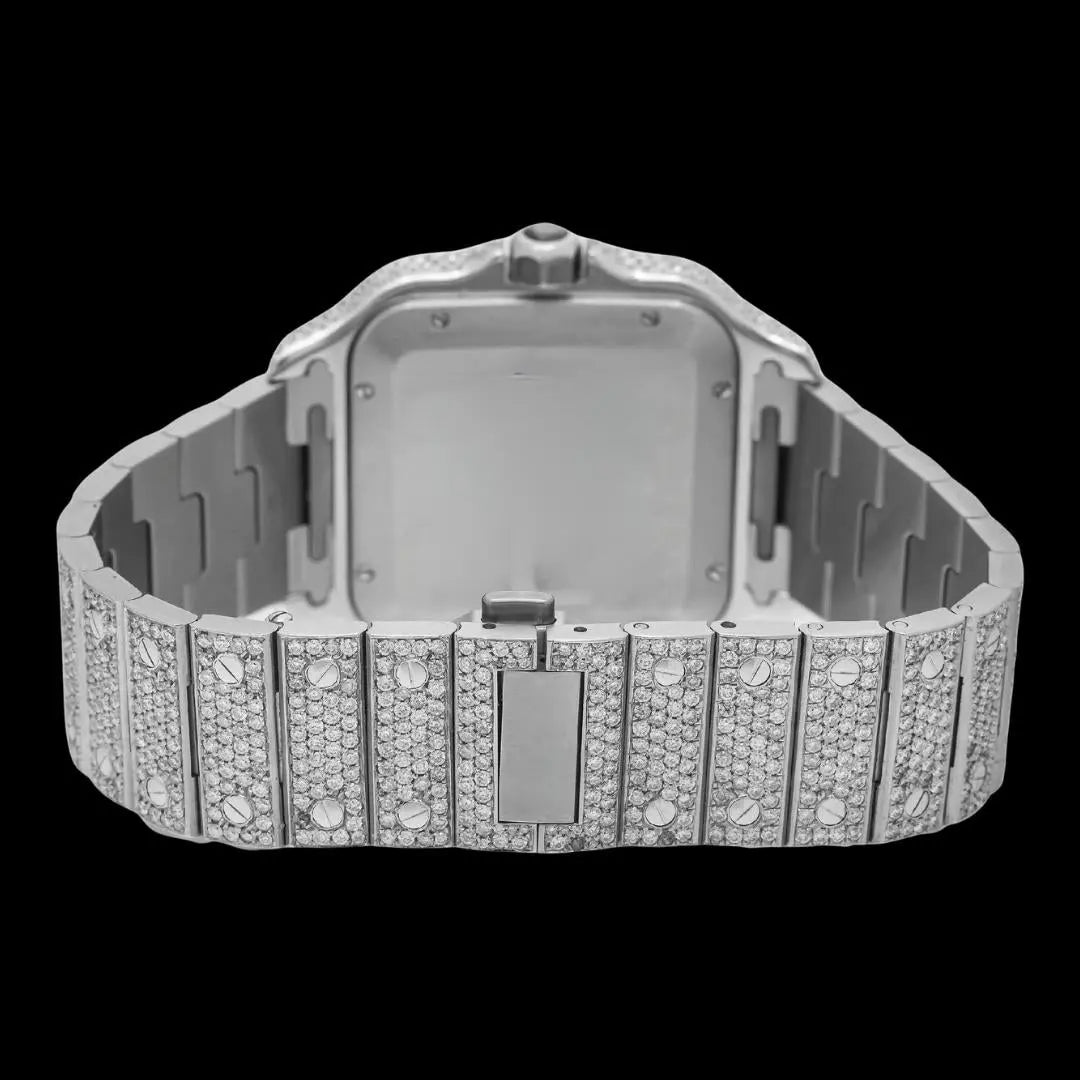 Cartier Santos Red Roman Numerals Dial Fully Iced Out Moissanite Watch Caseback View