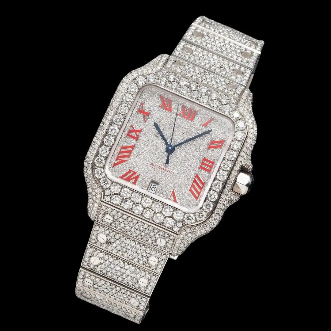 Cartier Santos Red Roman Numerals Dial Fully Iced Out Moissanite Watch Close Up Front View