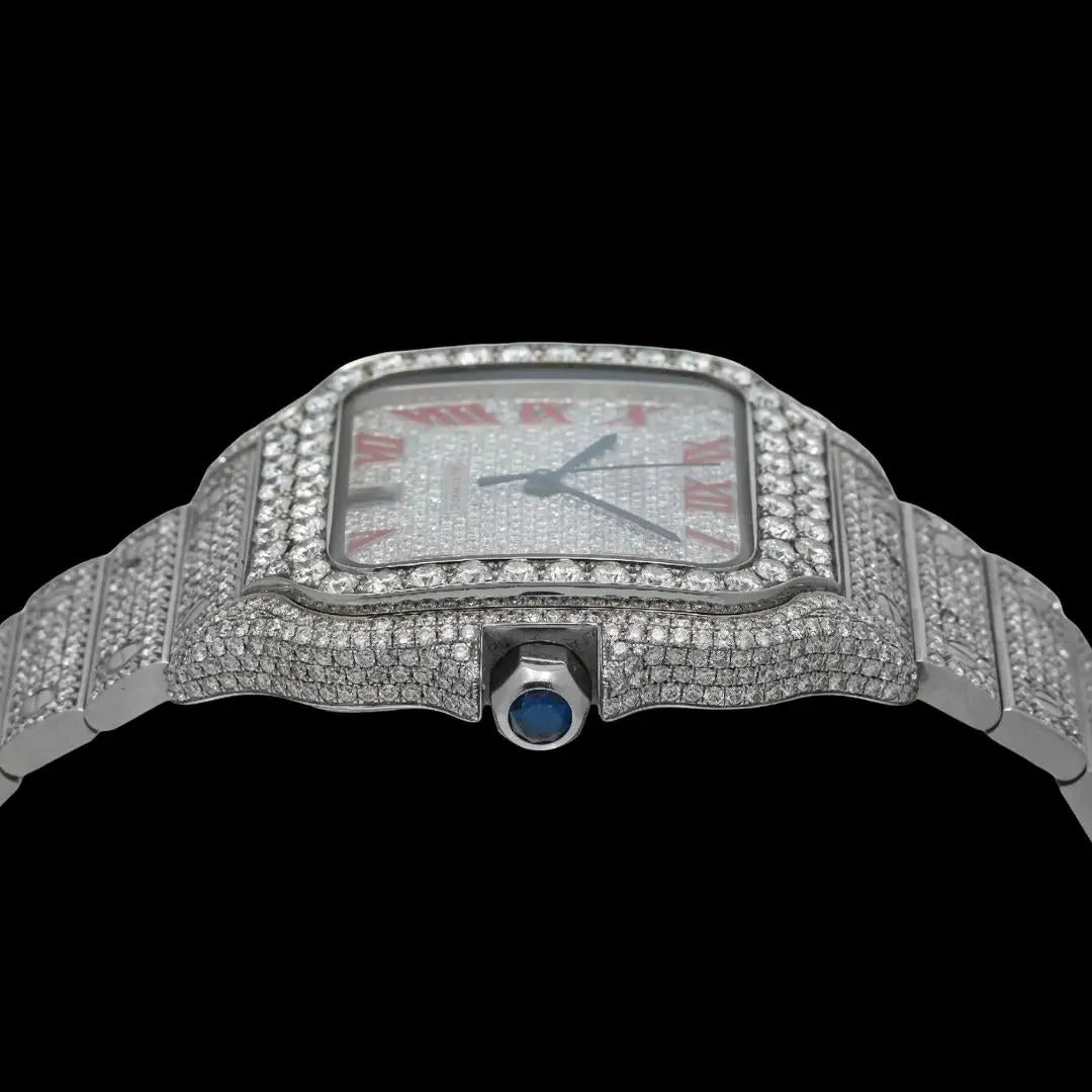 Cartier Santos Red Roman Numerals Dial Fully Iced Out Moissanite Watch Crown View
