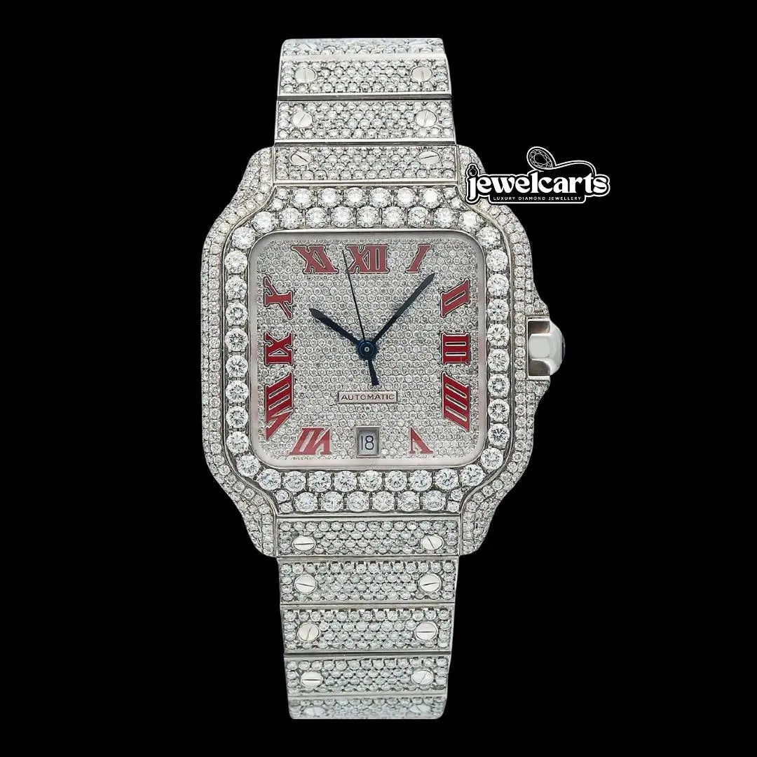Cartier Santos Red Roman Numerals Dial Fully Iced Out Moissanite Watch Front View