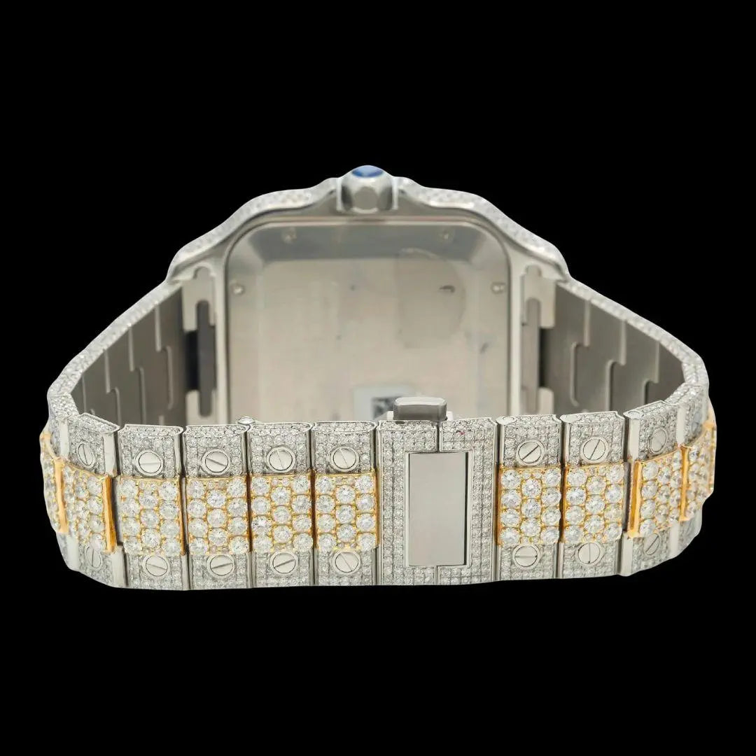 Cartier Santos Red Roman Numerals Dial Two Tone Yellow Gold Moissanite Watch Caseback View