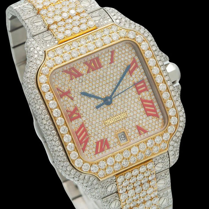 Cartier Santos Red Roman Numerals Dial Two Tone Yellow Gold Moissanite Watch Close Up Dial View