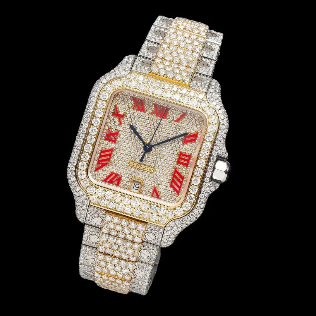 Cartier Santos Red Roman Numerals Dial Two Tone Yellow Gold Moissanite Watch Close Up Front View