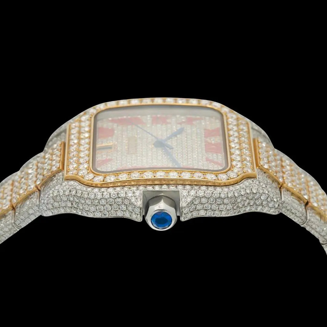 Cartier Santos Red Roman Numerals Dial Two Tone Yellow Gold Moissanite Watch Crown View