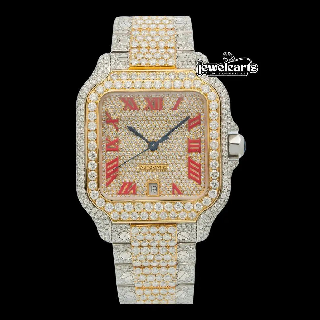 Cartier Santos Red Roman Numerals Dial Two Tone Yellow Gold Moissanite Watch Front View