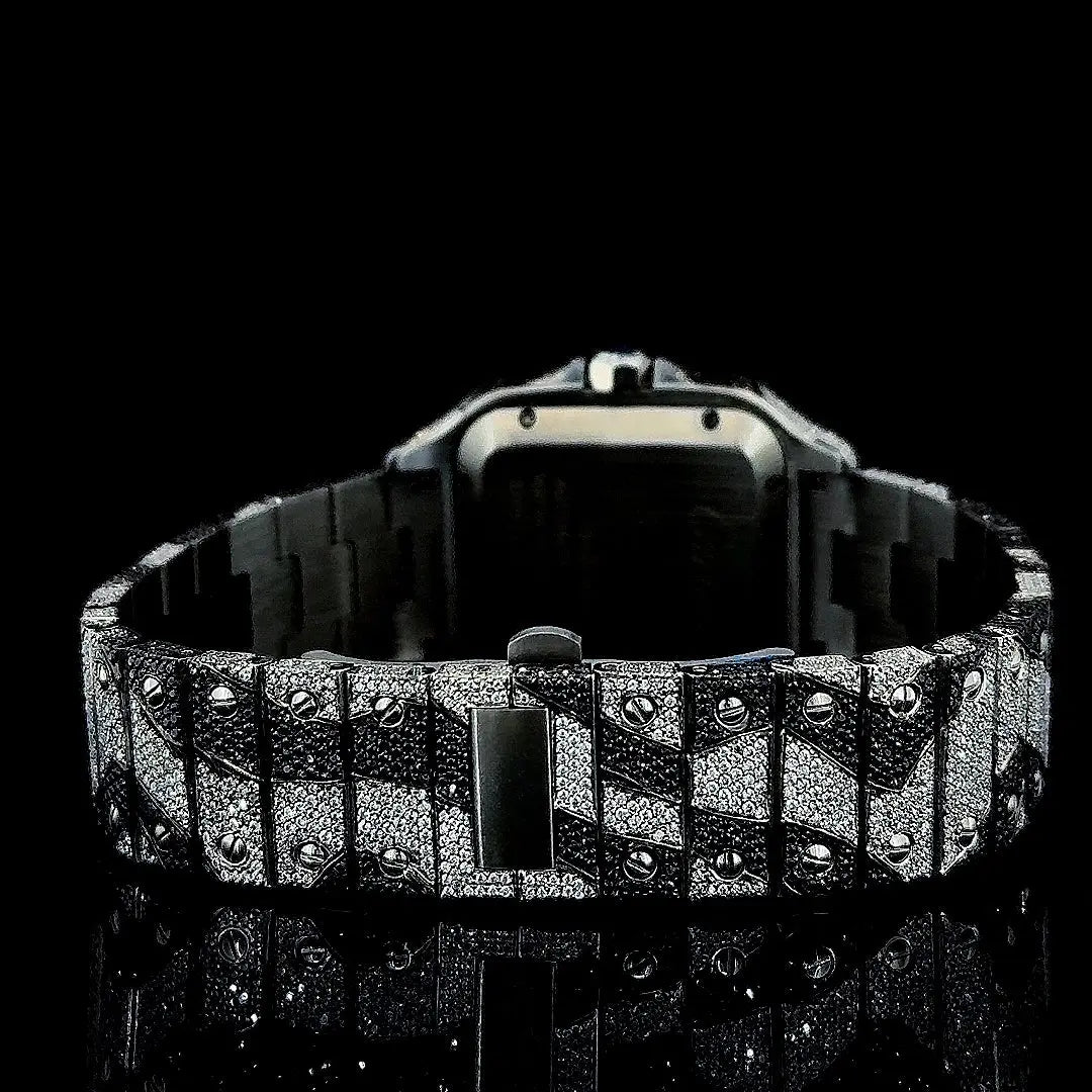 Cartier Santos Roman Dial Black Camo Bracelet Fully Iced Out Moissanite Watch Caseback View