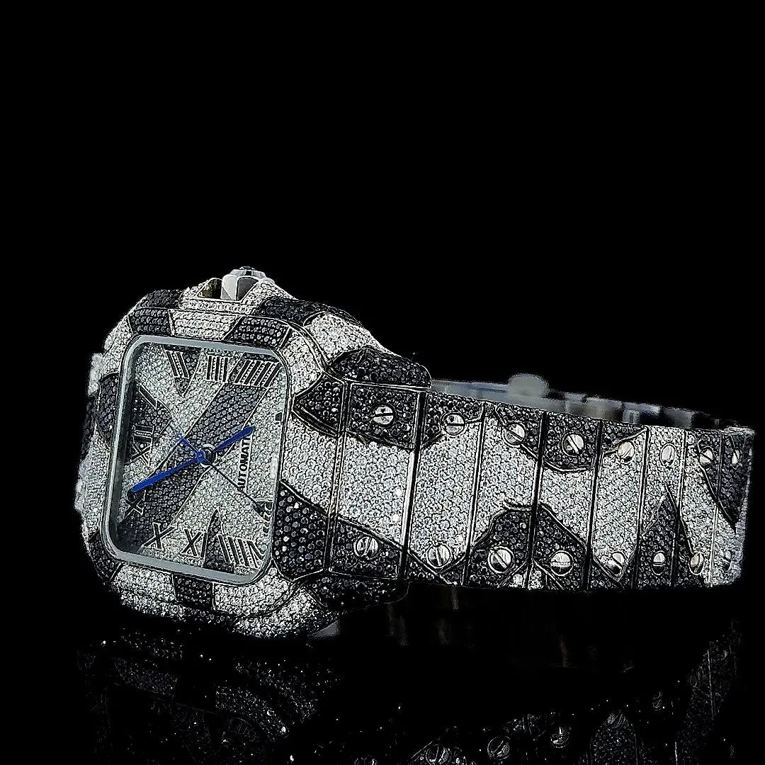 Cartier Santos Roman Dial Black Camo Bracelet Fully Iced Out Moissanite Watch Left Profile View
