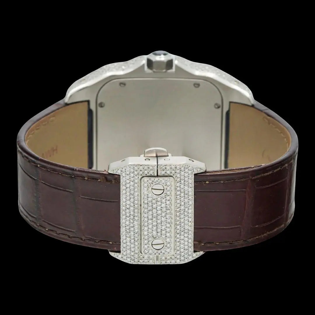 Cartier Santos Roman Dial Dial Diamond Bezel Brown Leather Strap Semi Iced Out Moissanite Watch Caseback View