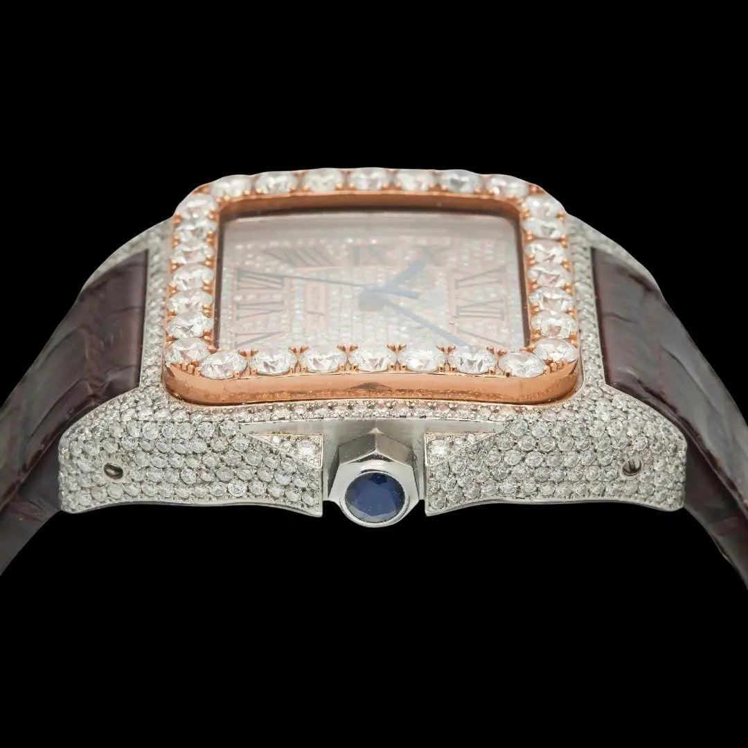 Cartier Santos Roman Dial Dial Diamond Bezel Brown Leather Strap Semi Iced Out Moissanite Watch Crown View