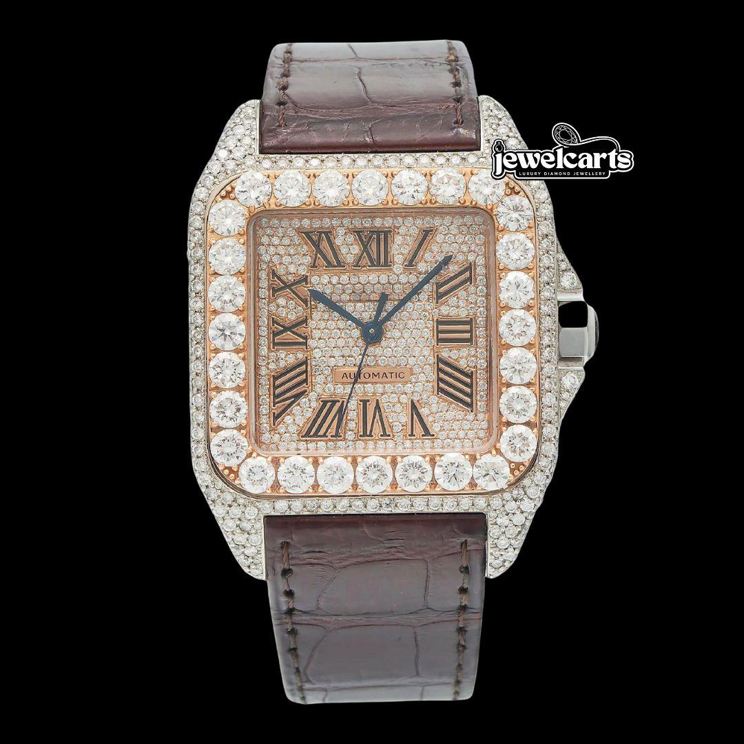 Cartier Santos Roman Dial Dial Diamond Bezel Brown Leather Strap Semi Iced Out Moissanite Watch Front View