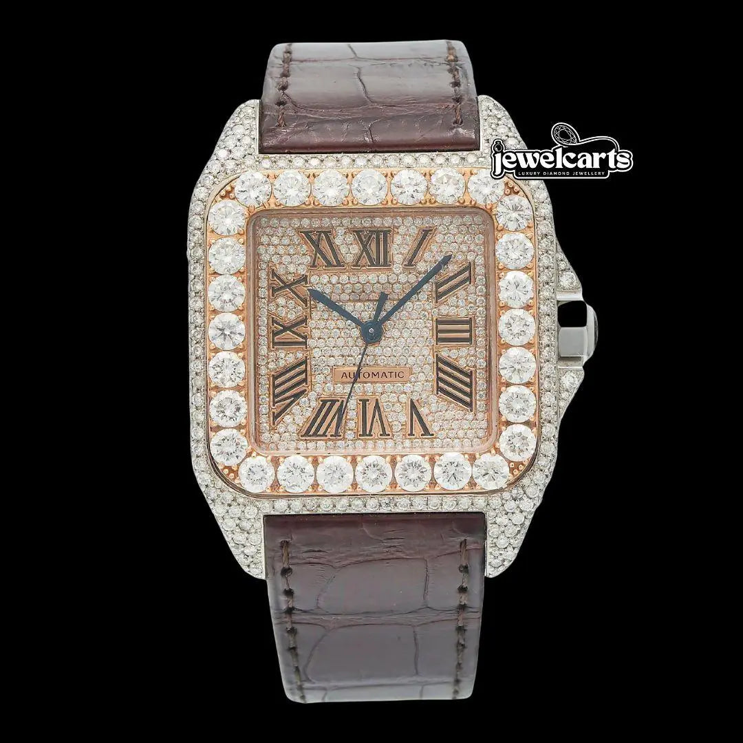Cartier Santos Roman Dial Dial Diamond Bezel Brown Leather Strap Semi Iced Out Moissanite Watch Front View