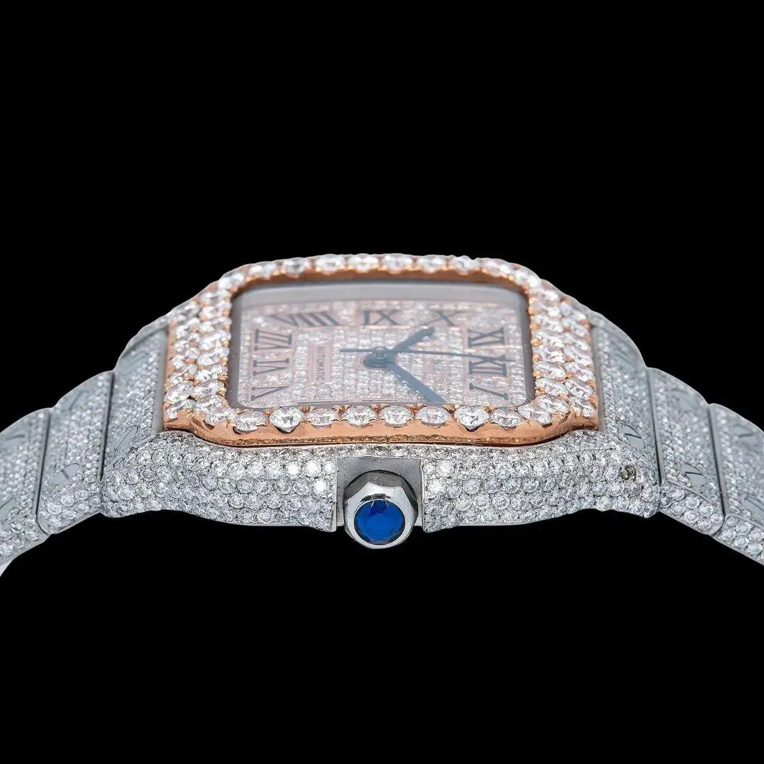 Cartier Santos Rose Gold Dial Roman Numerals Two Tone Fully Iced Out Moissanite Watch Crown View