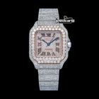 Cartier Santos Rose Gold Dial Roman Numerals Two Tone Fully Iced Out Moissanite Watch