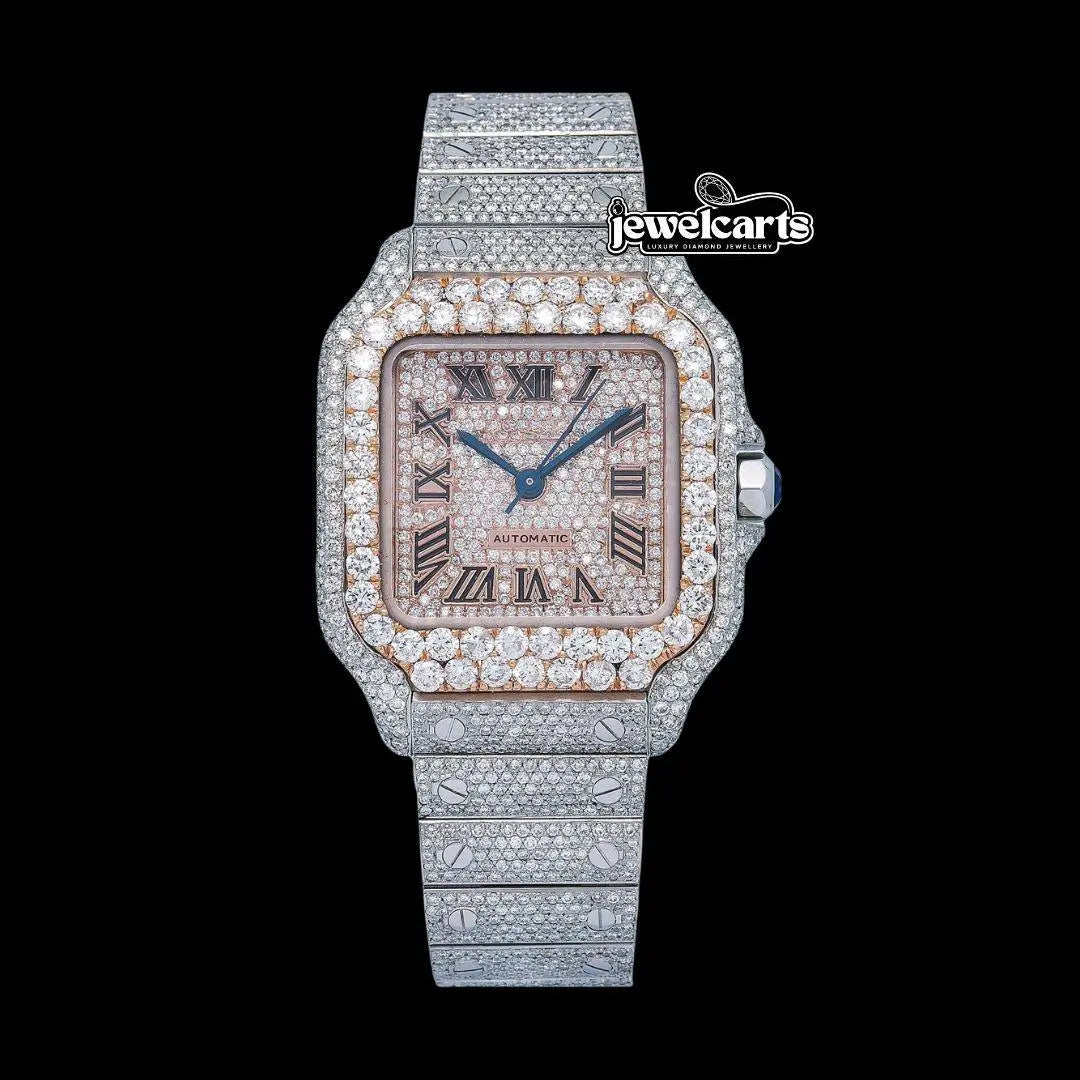 Cartier Santos Rose Gold Dial Roman Numerals Two Tone Fully Iced Out Moissanite Watch Front View