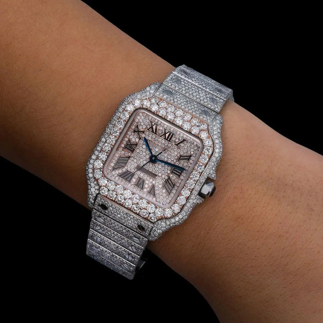 Cartier Santos Rose Gold Dial Roman Numerals Two Tone Fully Iced Out Moissanite Watch On Wrist View