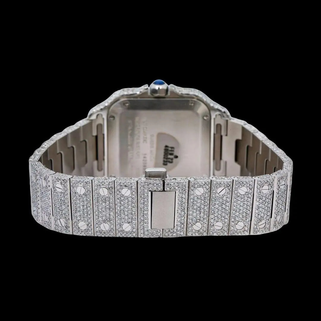 Cartier Santos Rose Gold Roman Dial Two Tone Fully Iced Out Moissanite Watch Caseback View