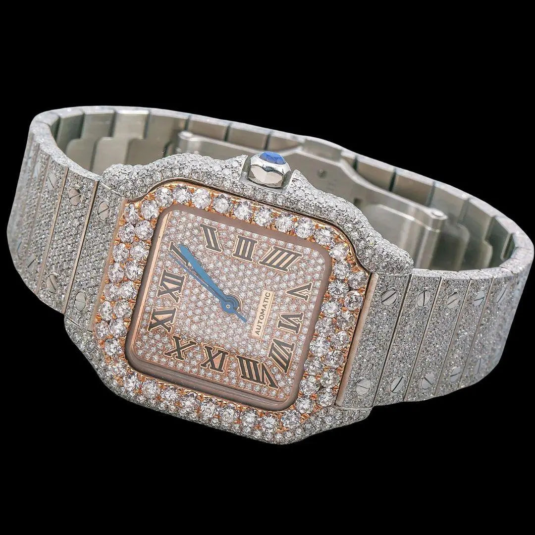 Cartier Santos Rose Gold Roman Dial Two Tone Fully Iced Out Moissanite Watch Close Up Front View