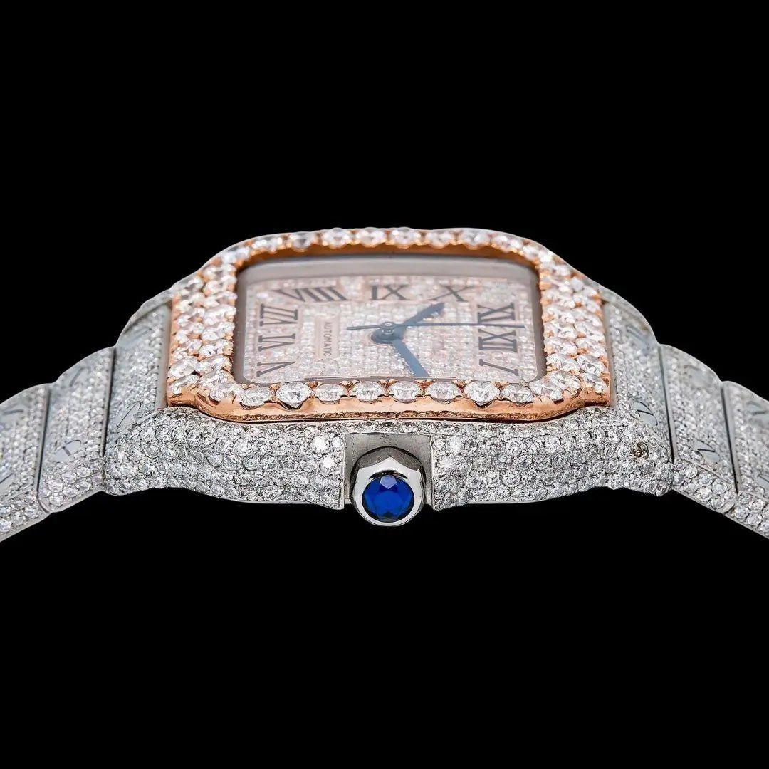 Cartier Santos Rose Gold Roman Dial Two Tone Fully Iced Out Moissanite Watch Crown View