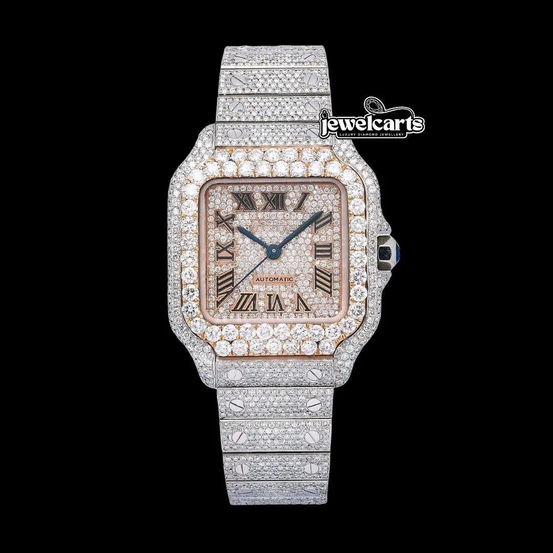 Cartier Santos Rose Gold Roman Dial Two Tone Fully Iced Out Moissanite Watch Front View
